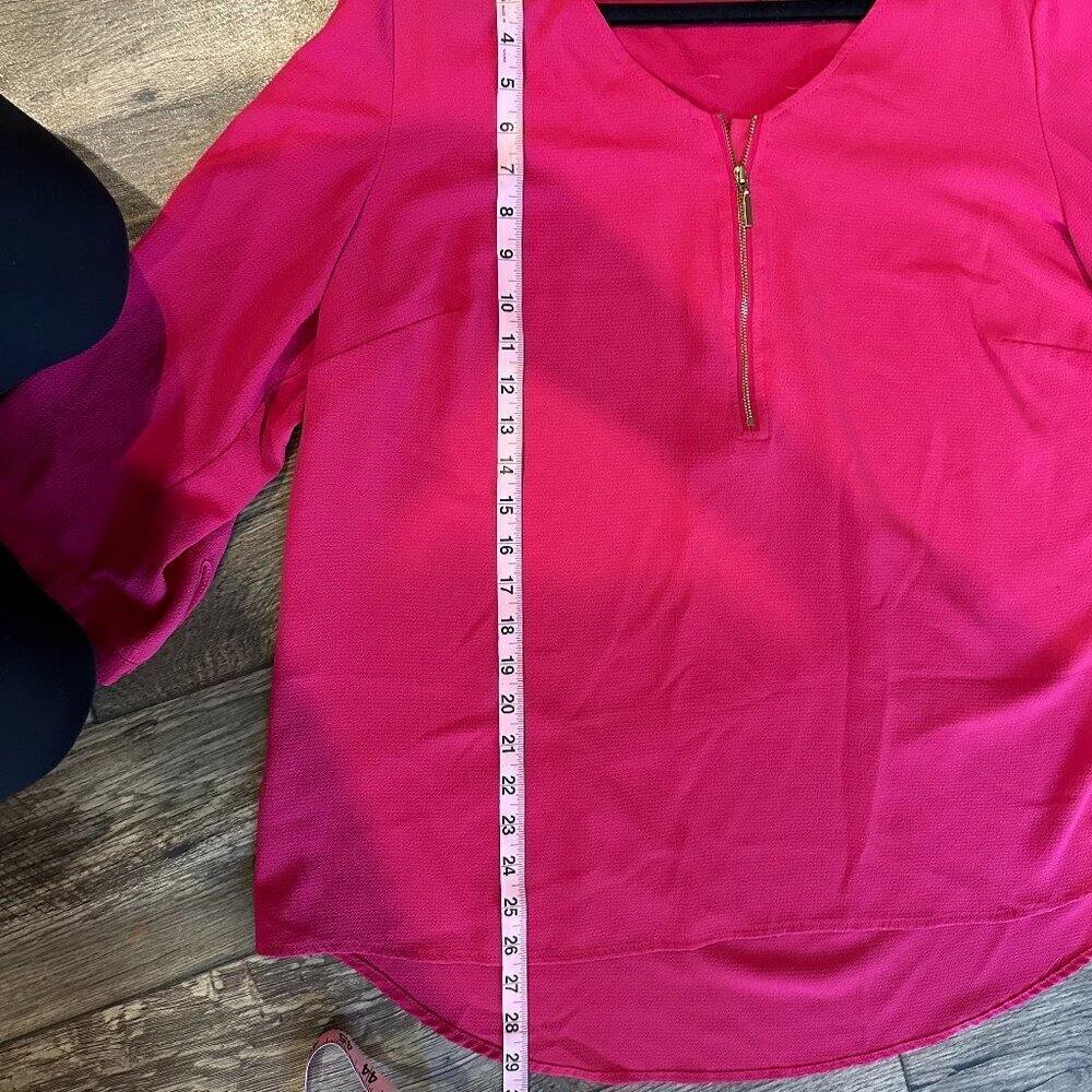 Hot Pink 3/4 Sleeve Women's Blouse Gold Zipper - Picture 5 of 9